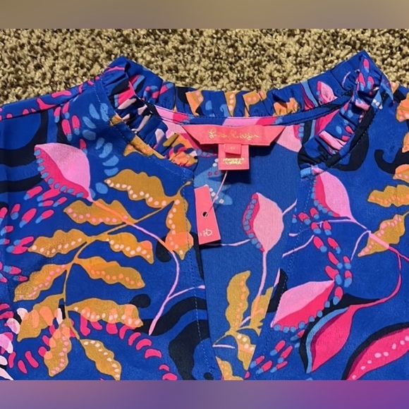 Lilly Pulitzer $198 Sarita Silk Top, Borealis Blue Absolute Purrfection Sz 0 - Picture 5 of 8